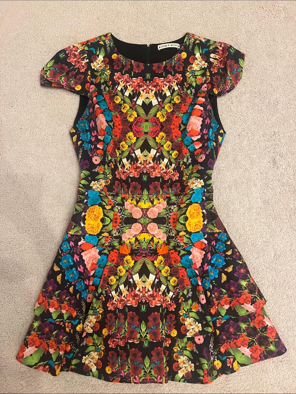 Alice + Olivia Multicolor Floral Mirror-Print Fit & Flare Dress - Picture 2 of 6